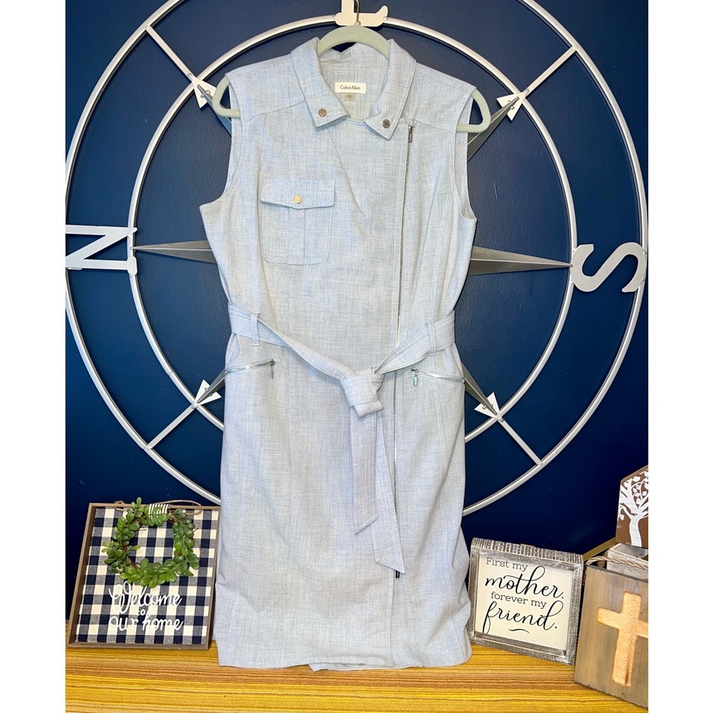 Calvin Klein Chambray Blue Women's Zip-Up Sleeveless Zipper Shirt Dress 14 Tie